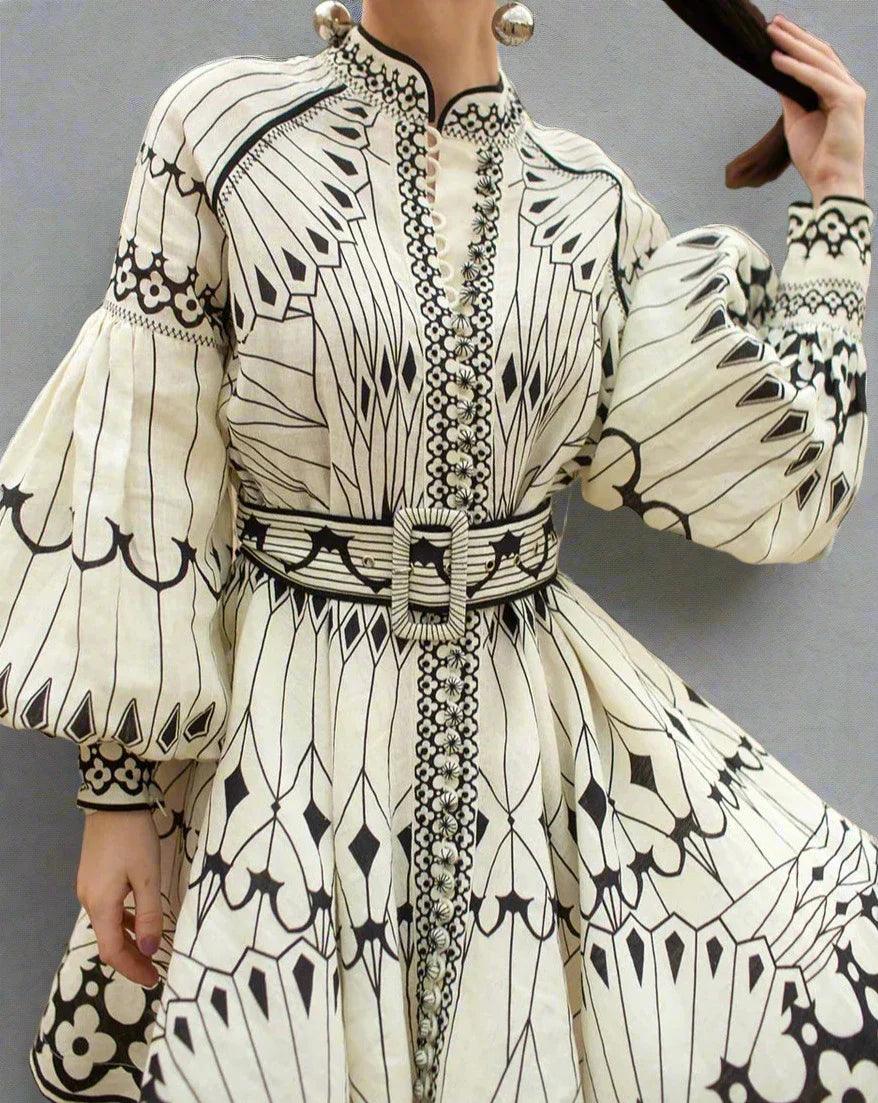 Dames Lange Jurk Elegante Vlinderprint met Taille Riem - Anartia-5