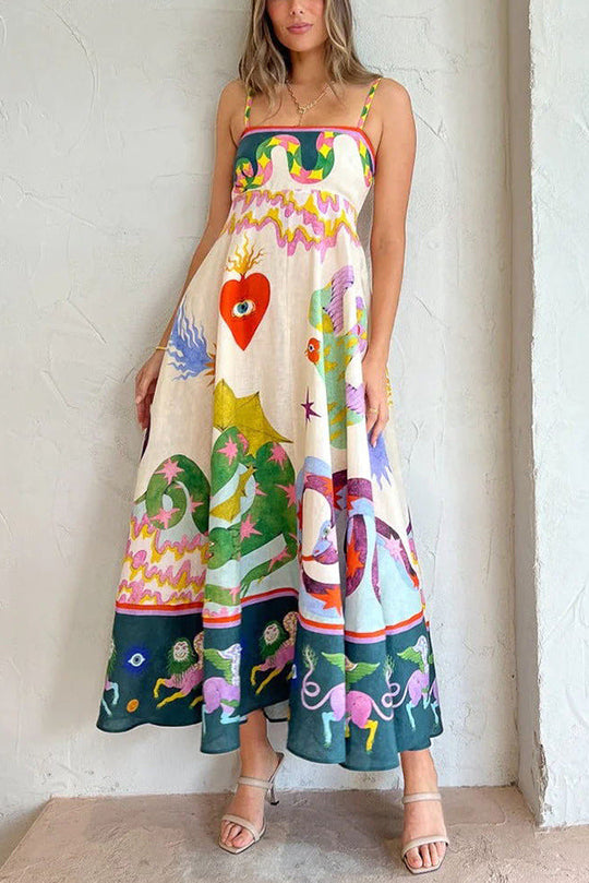 Variant image for Dames Maxi Jurk Met Spaghettibandjes Artistieke Print - Zomerstijl-1