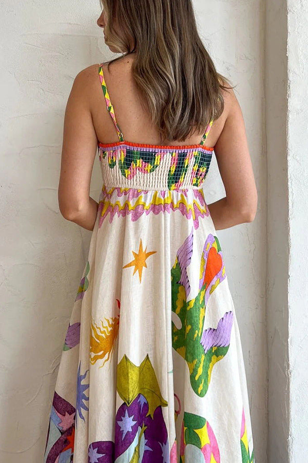 Dames Maxi Jurk Met Spaghettibandjes Artistieke Print - Zomerstijl-4