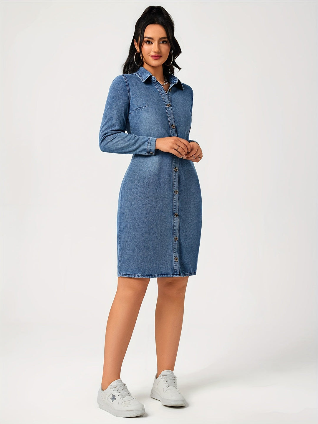 Dames Denim Jurk Lange Mouwen Eenvoudig Ontwerp - Sophie-5