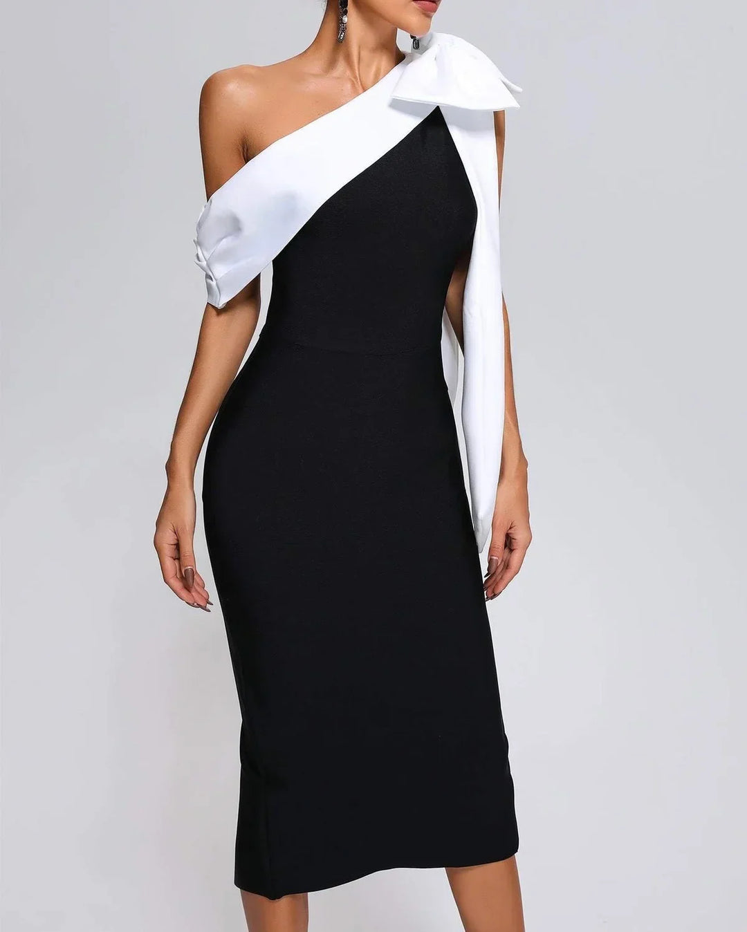 Dames Off-Shoulder Midi Jurk met Strikdetail - Elegante Zwart-Witte Gala Jurk-6