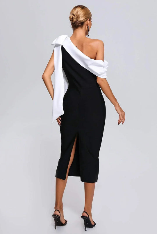 Dames Off-Shoulder Midi Jurk met Strikdetail - Elegante Zwart-Witte Gala Jurk-3