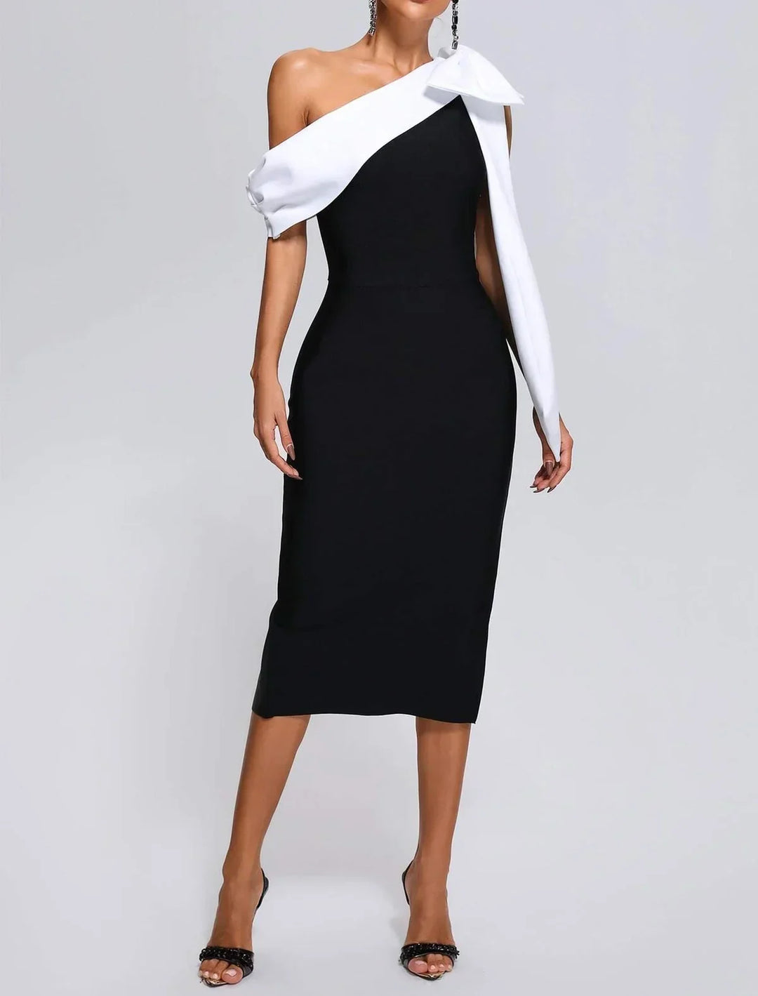 Dames Off-Shoulder Midi Jurk met Strikdetail - Elegante Zwart-Witte Gala Jurk-4