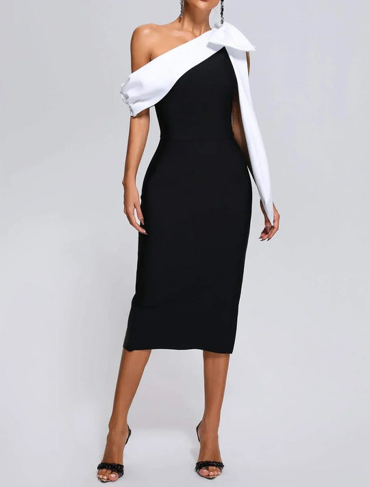 Dames Off-Shoulder Midi Jurk met Strikdetail - Elegante Zwart-Witte Gala Jurk-4