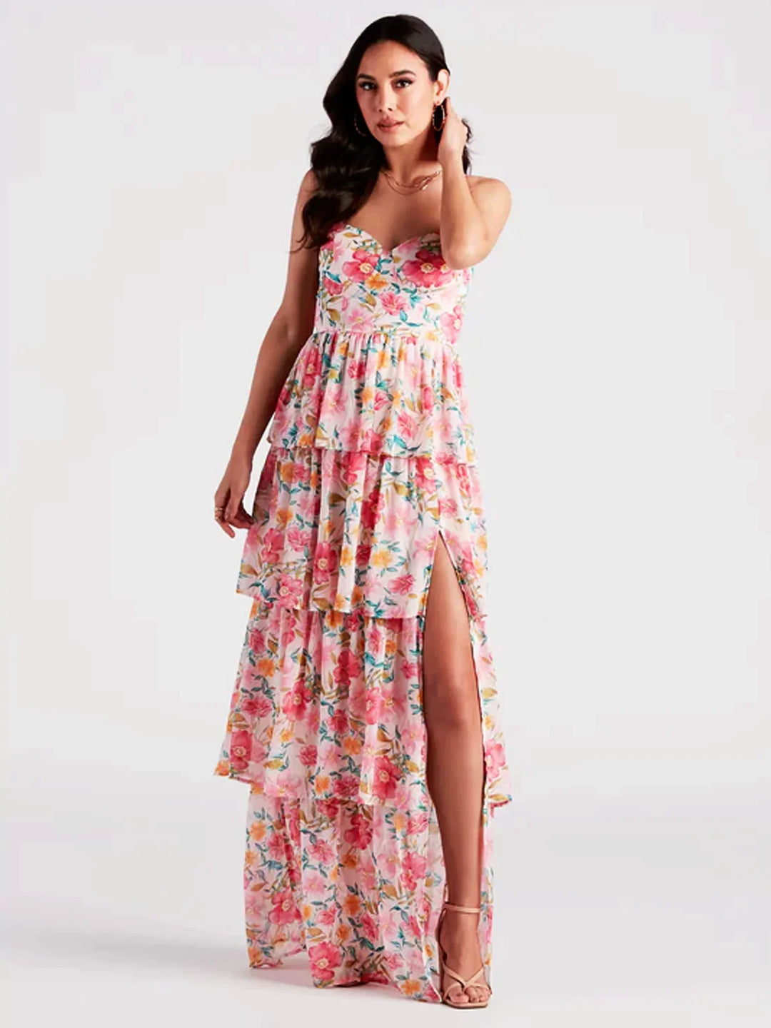 Dames Maxi Jurk Bloemenprint Sweetheart Halslijn Met Gelaagde Rok - Emma-1