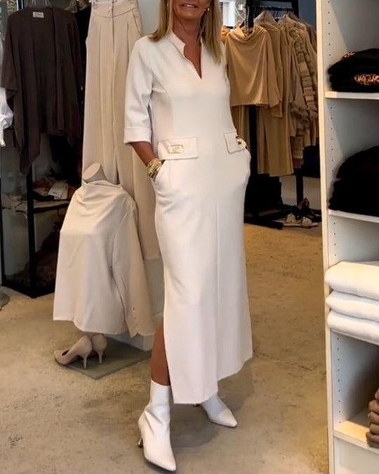 Dames Midi Jurk Effen Kleur met V-hals en 3/4 Mouwen - Lisa-1