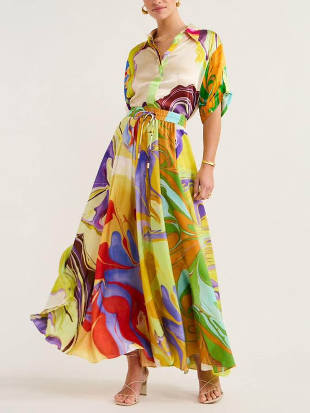 Dames Lange Jurk Abstracte Print Overhemdkraag - Sophie-2