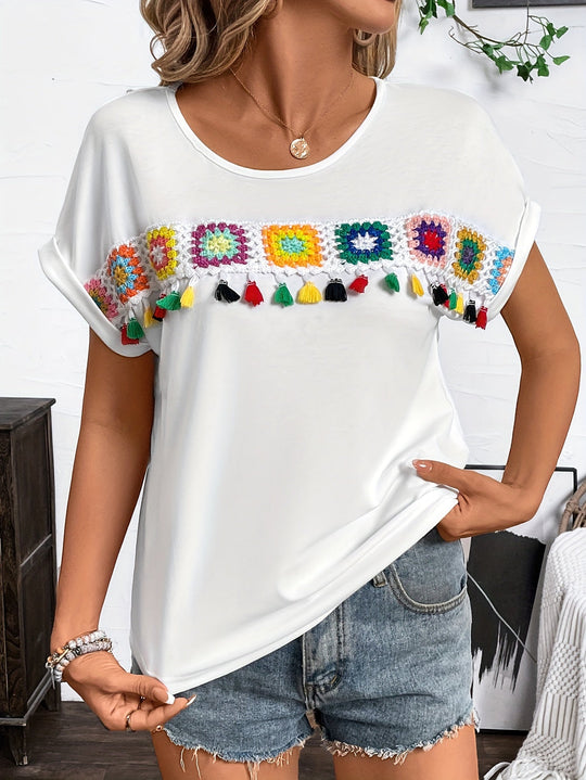 Dames T-shirt Korte Mouwen Boho Borduursel met Kwastjes - Rosalie-6