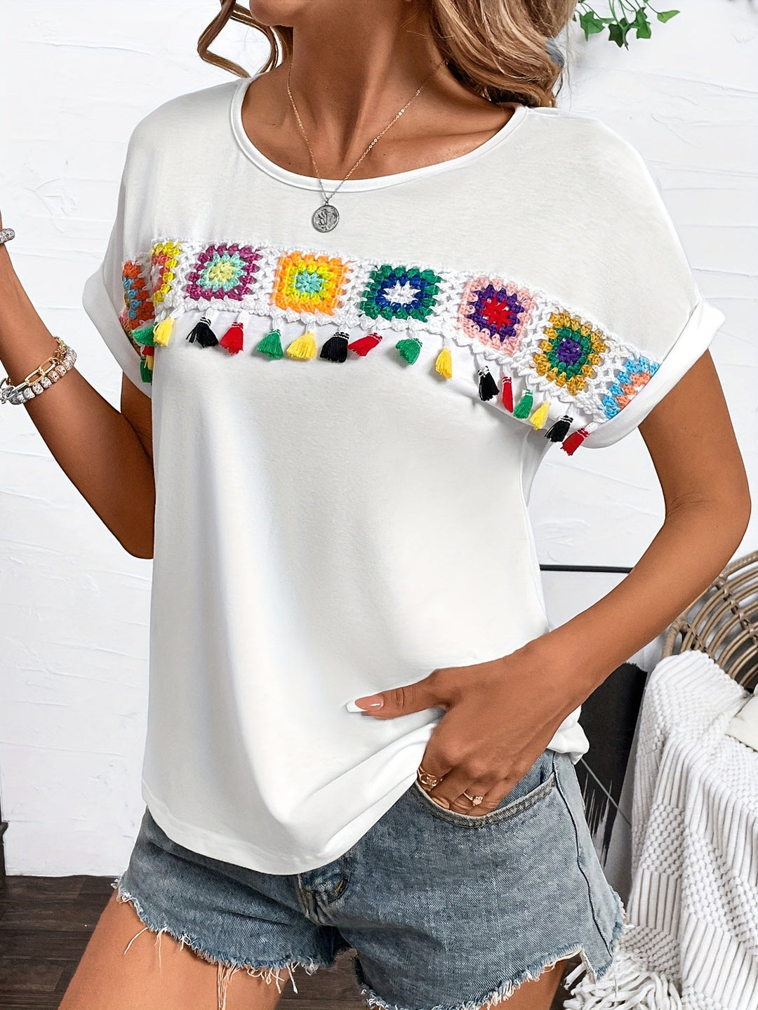 Dames T-shirt Korte Mouwen Boho Borduursel met Kwastjes - Rosalie-5