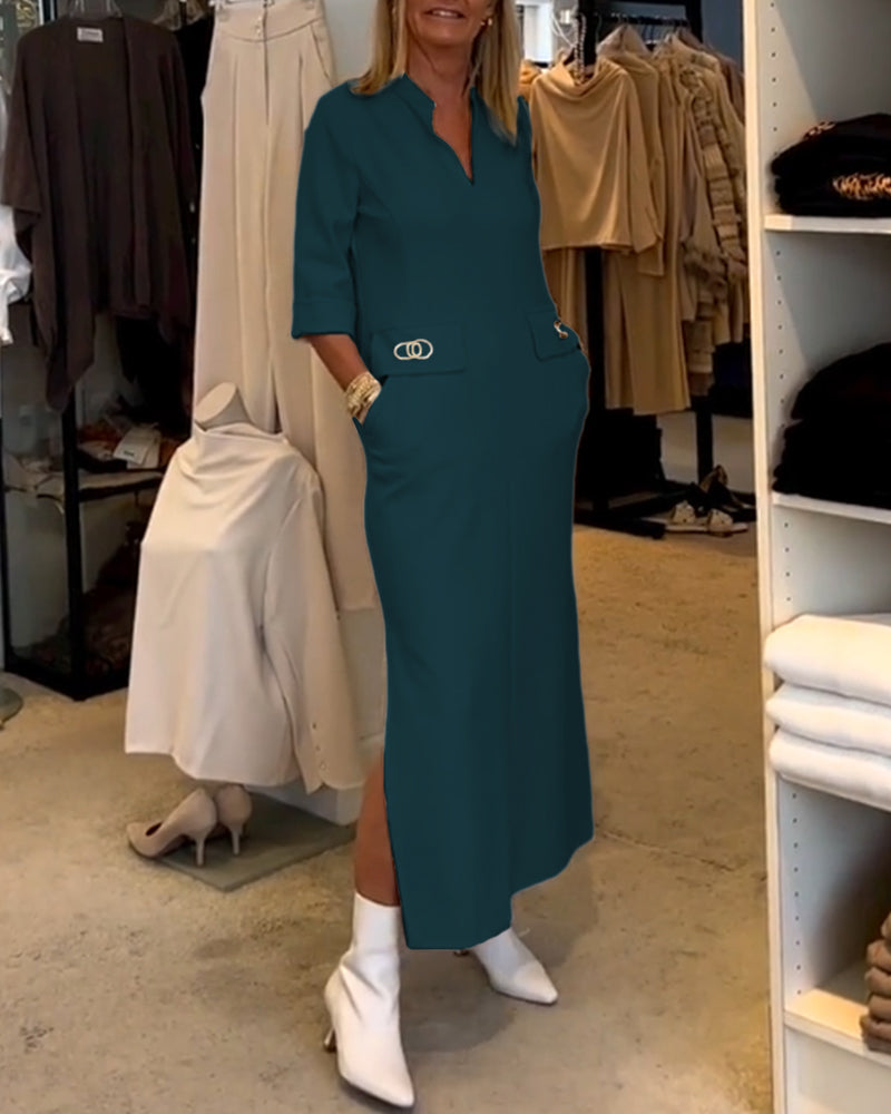 Variant image for Dames Midi Jurk Effen Kleur met V-hals en 3/4 Mouwen - Lisa-31