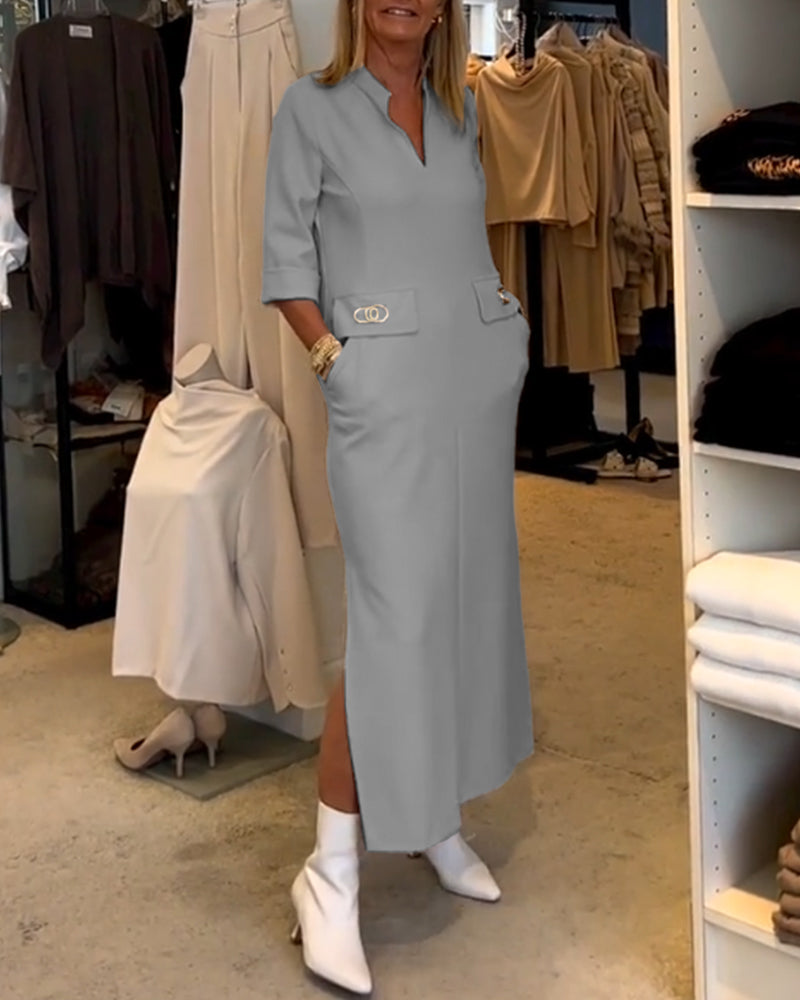 Dames Midi Jurk Effen Kleur met V-hals en 3/4 Mouwen - Lisa-5