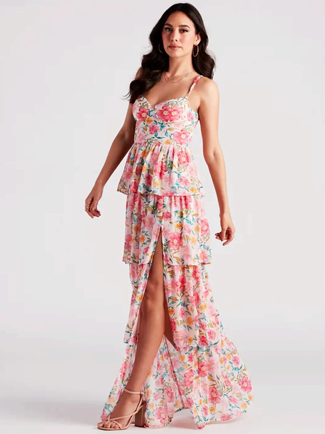 Dames Maxi Jurk Bloemenprint Sweetheart Halslijn Met Gelaagde Rok - Emma-2