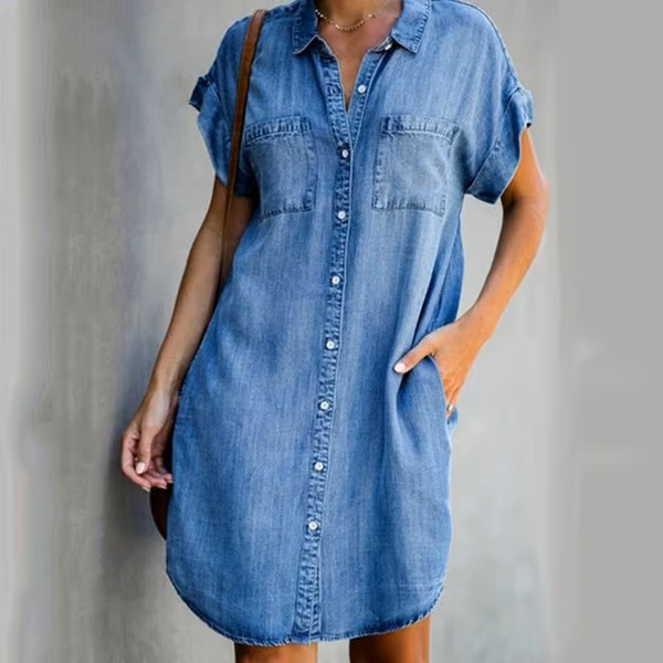 Dames Denim Midi Jurk Relaxed V-Hals Casual Stijl - Karina-1
