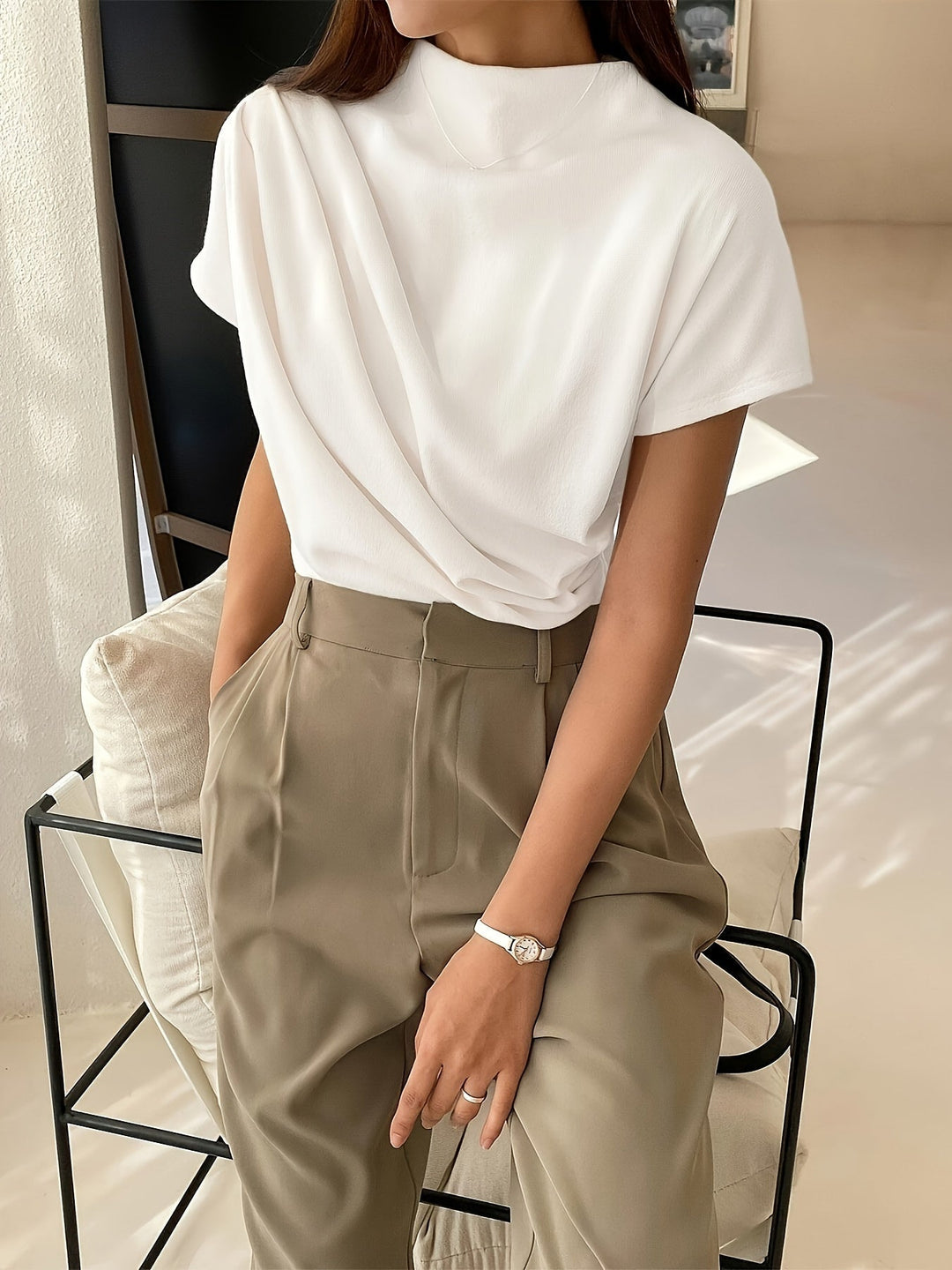 Dames T-shirt Met Korte Mouwen Elegante Mock Neck - Chic Top-6