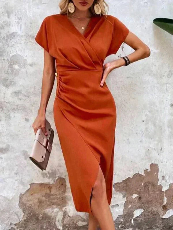 Dames Midi Jurk Elegante V-Hals Luxe Satijn - Eva-Maria-2