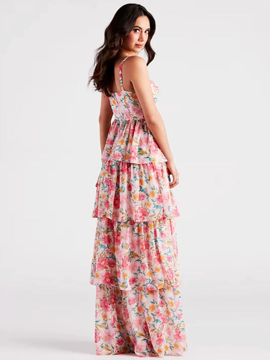 Dames Maxi Jurk Bloemenprint Sweetheart Halslijn Met Gelaagde Rok - Emma-3