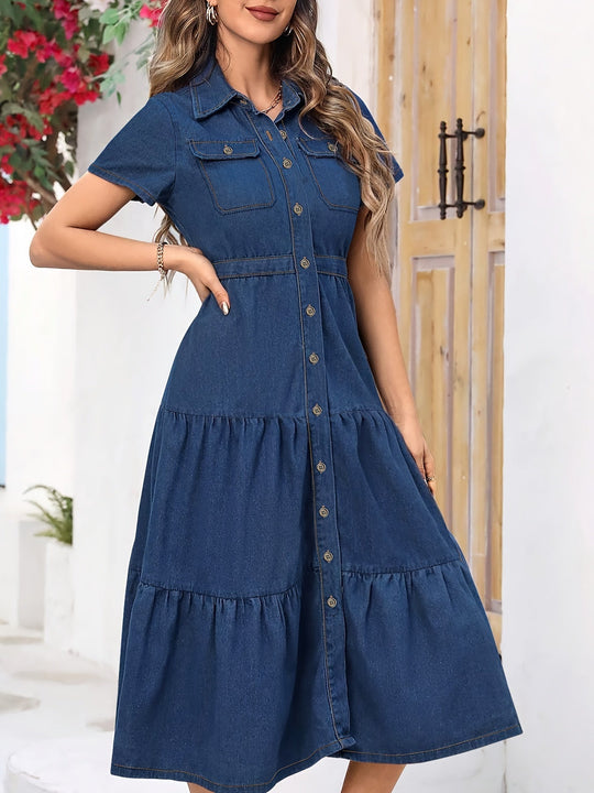 Dames Midi Denim Jurk Effen Gewassen Blauw Met Reverskraag - Lara-4