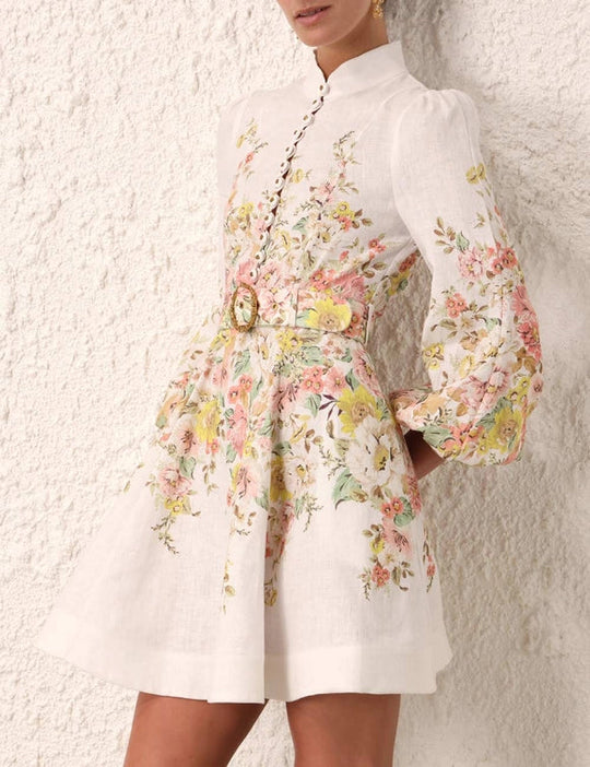 Dames Elegante Knoopsluiting Lange Mouwen Mini Zomerjurk - Louelle