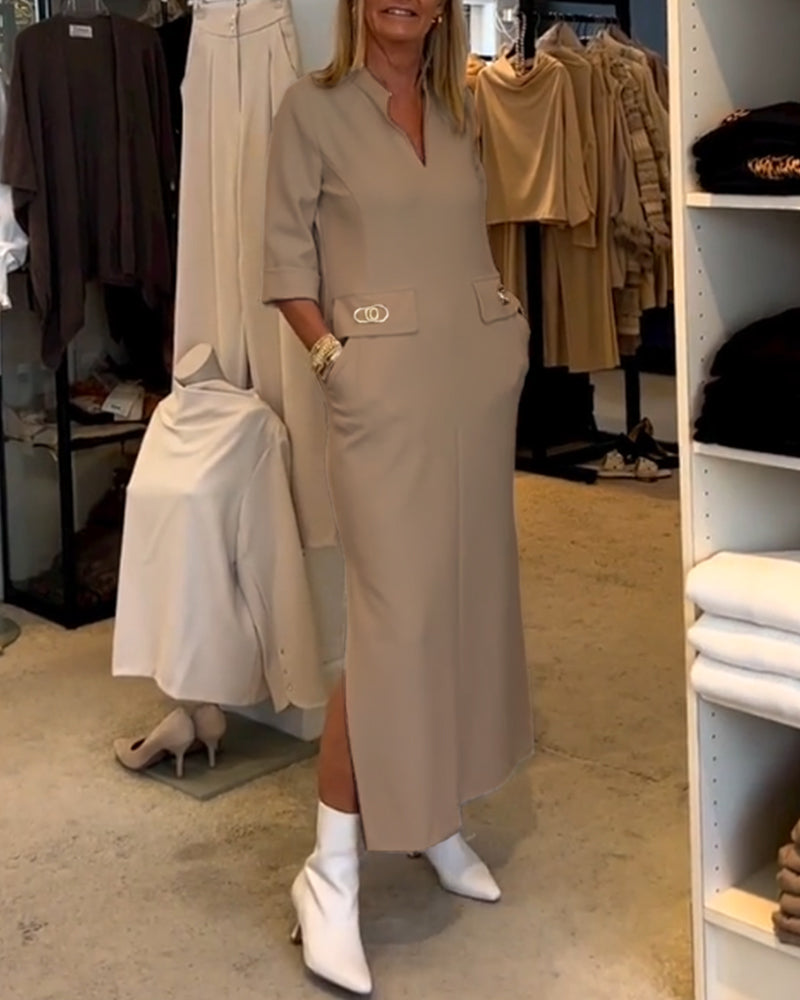 Dames Midi Jurk Effen Kleur met V-hals en 3/4 Mouwen - Lisa-2
