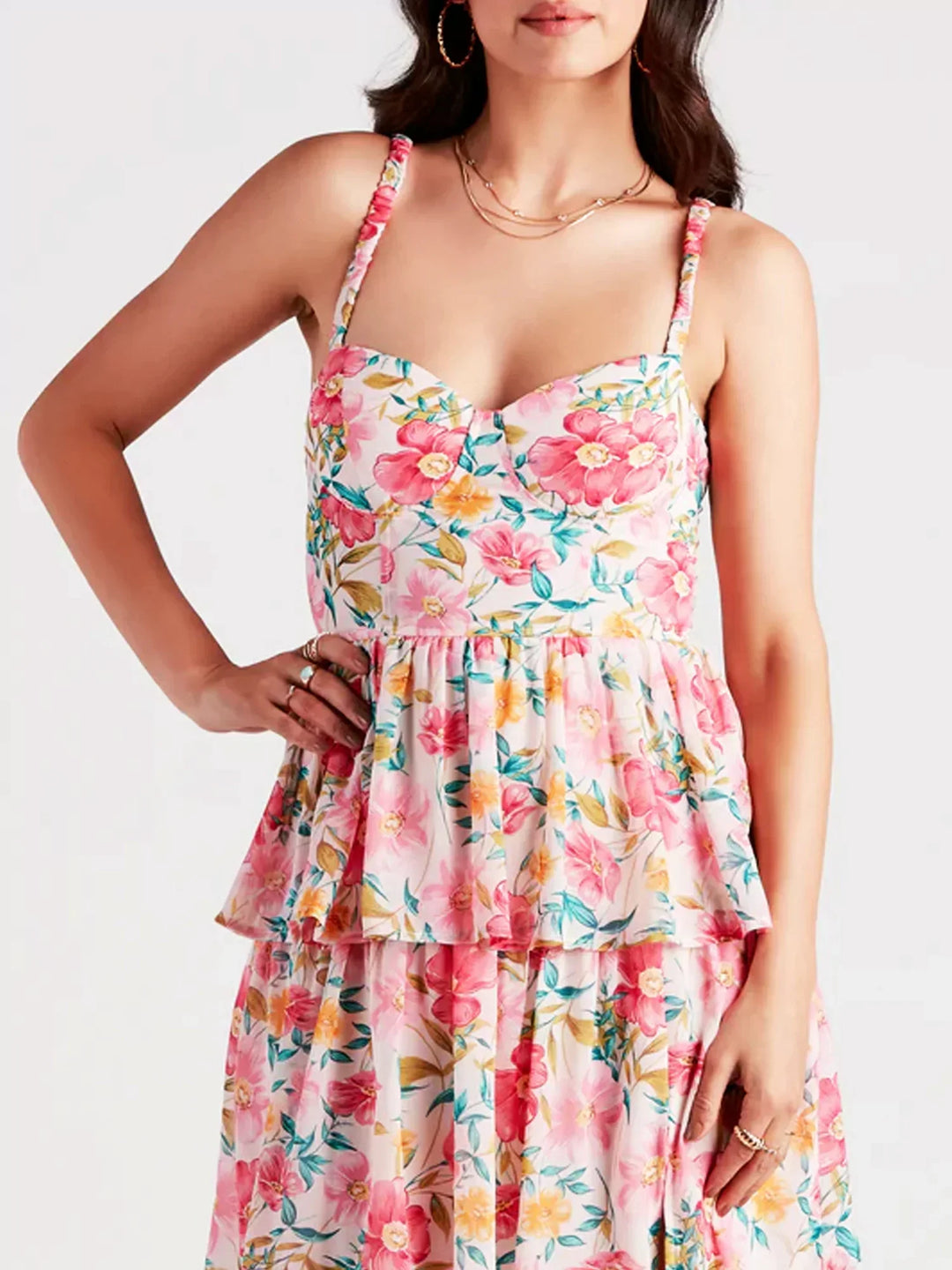 Dames Maxi Jurk Bloemenprint Sweetheart Halslijn Met Gelaagde Rok - Emma-4