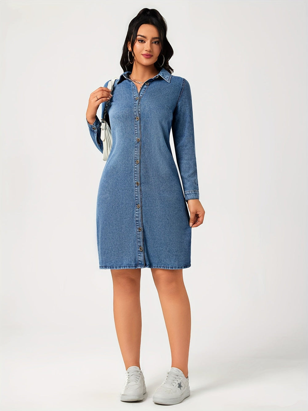 Dames Denim Jurk Lange Mouwen Eenvoudig Ontwerp - Sophie-2