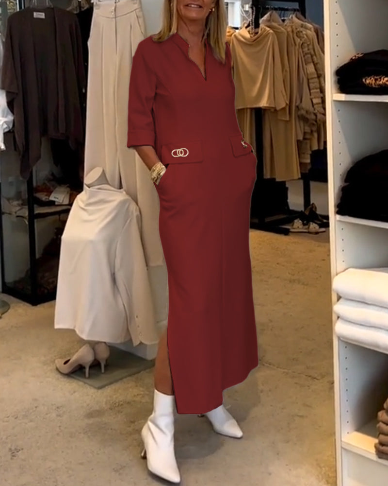 Dames Midi Jurk Effen Kleur met V-hals en 3/4 Mouwen - Lisa-4