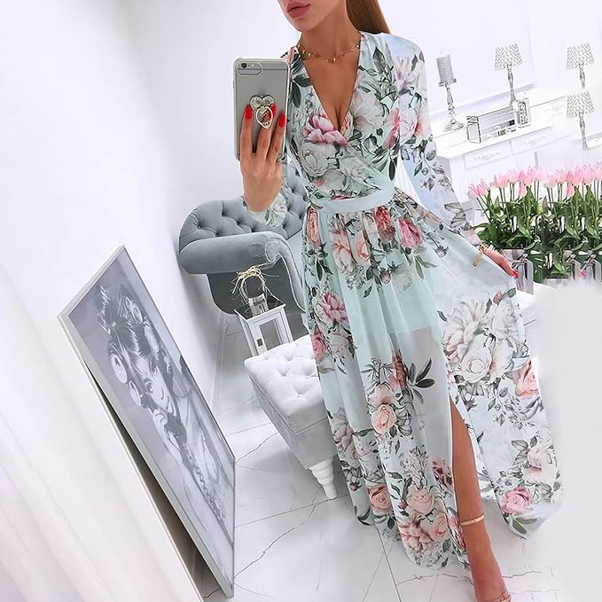 Dames Lange Jurk Elegante V-Hals Met Bloemendruk - Zomer Kleding - Lisa-2