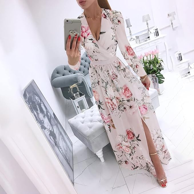 Dames Lange Jurk Elegante V-Hals Met Bloemendruk - Zomer Kleding - Lisa-1