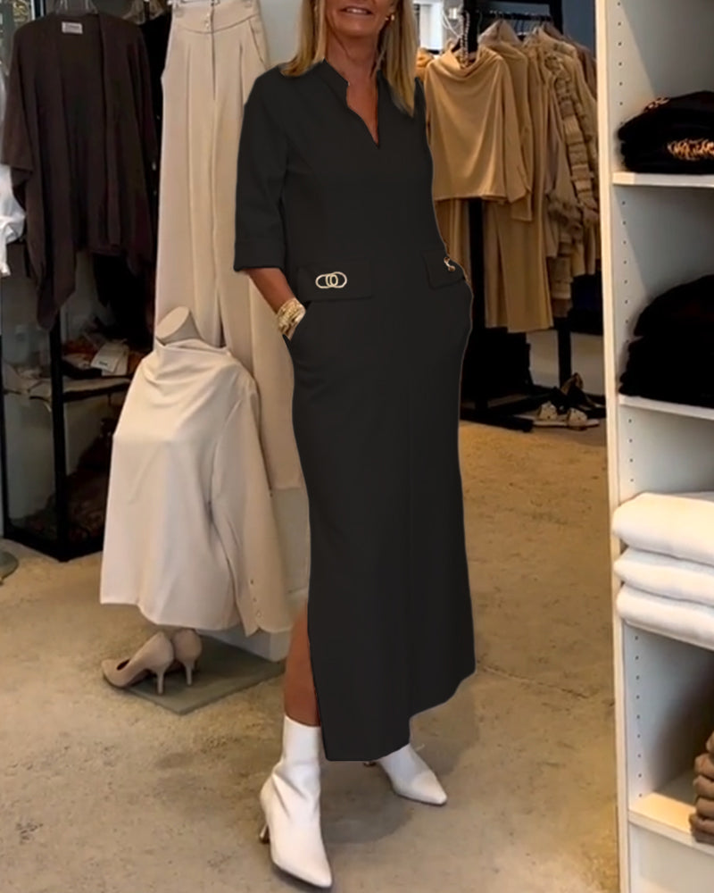Variant image for Dames Midi Jurk Effen Kleur met V-hals en 3/4 Mouwen - Lisa-13