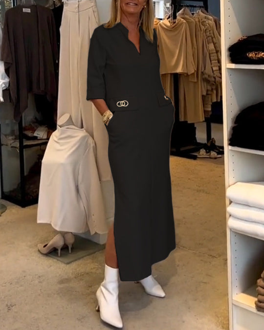Variant image for Dames Midi Jurk Effen Kleur met V-hals en 3/4 Mouwen - Lisa-13