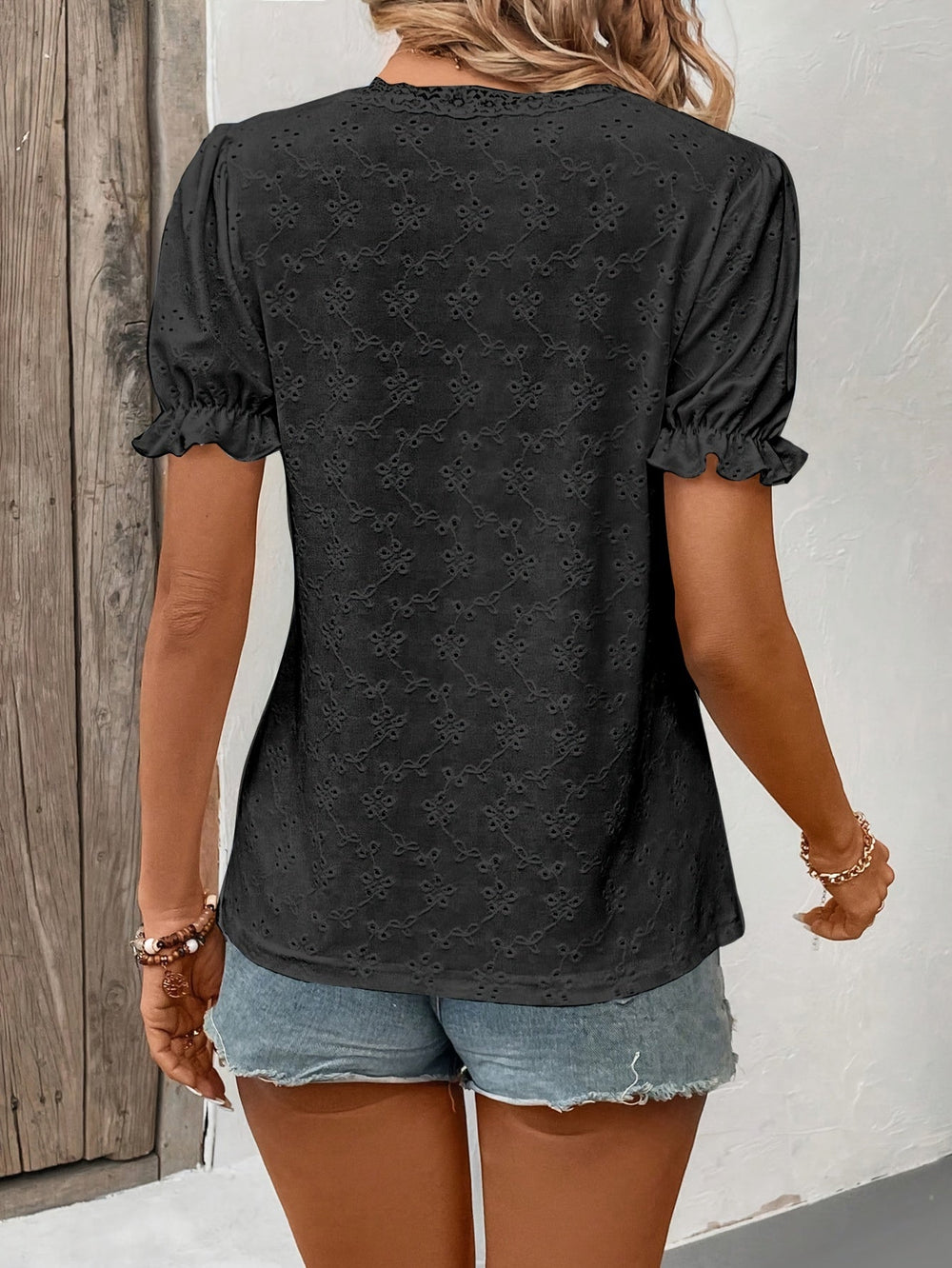 Dames V-hals Kanten T-shirt met Pofmouwen - Tovea-4