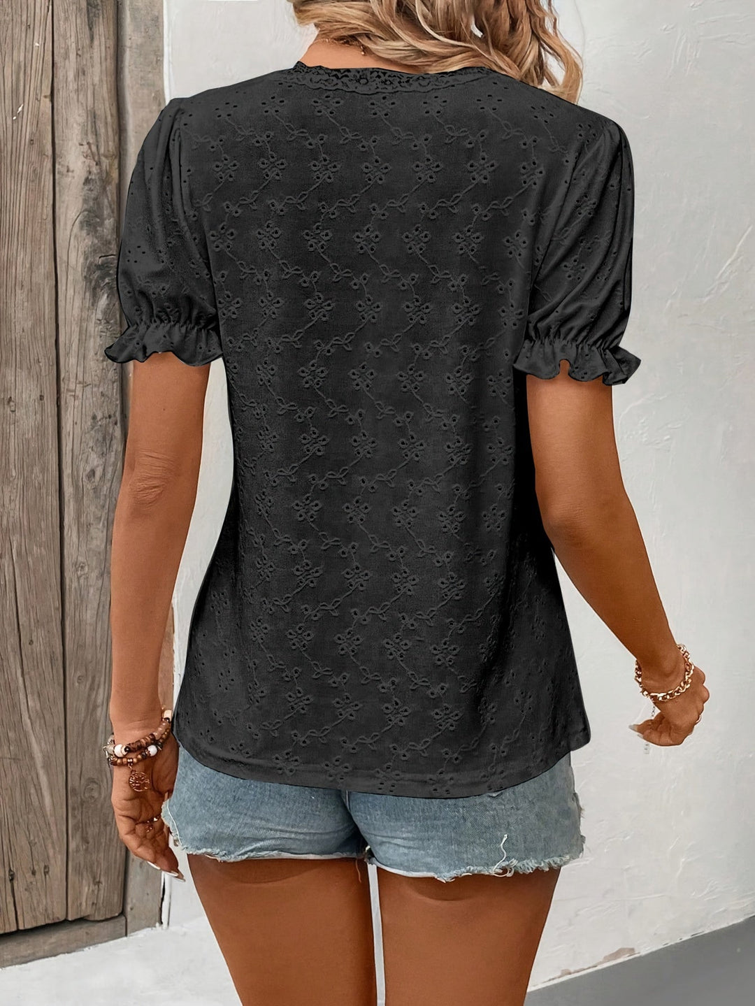 Dames V-hals Kanten T-shirt met Pofmouwen - Tovea-4