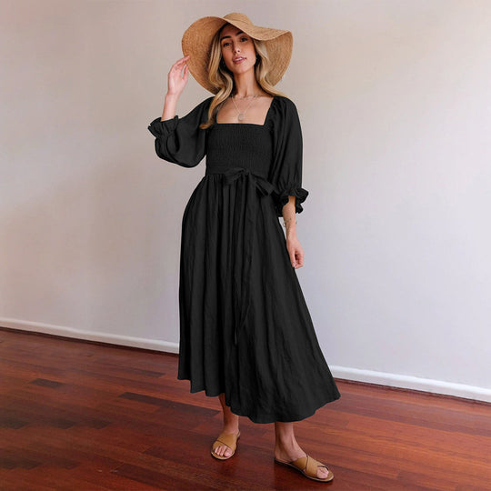 Chique Dames Midi Zomerjurk met driekwart Mouwen en Elastische taille - Veda