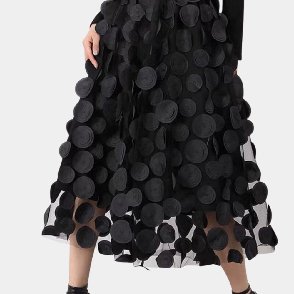 Dames Zwarte A-lijn Rok met Hoge Taille en 3D Polka Dot Patroon - Irmelin-4