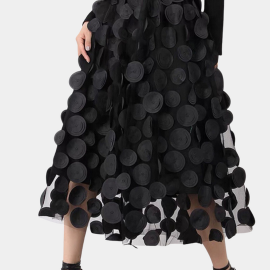 Dames Zwarte A-lijn Rok met Hoge Taille en 3D Polka Dot Patroon - Irmelin-4
