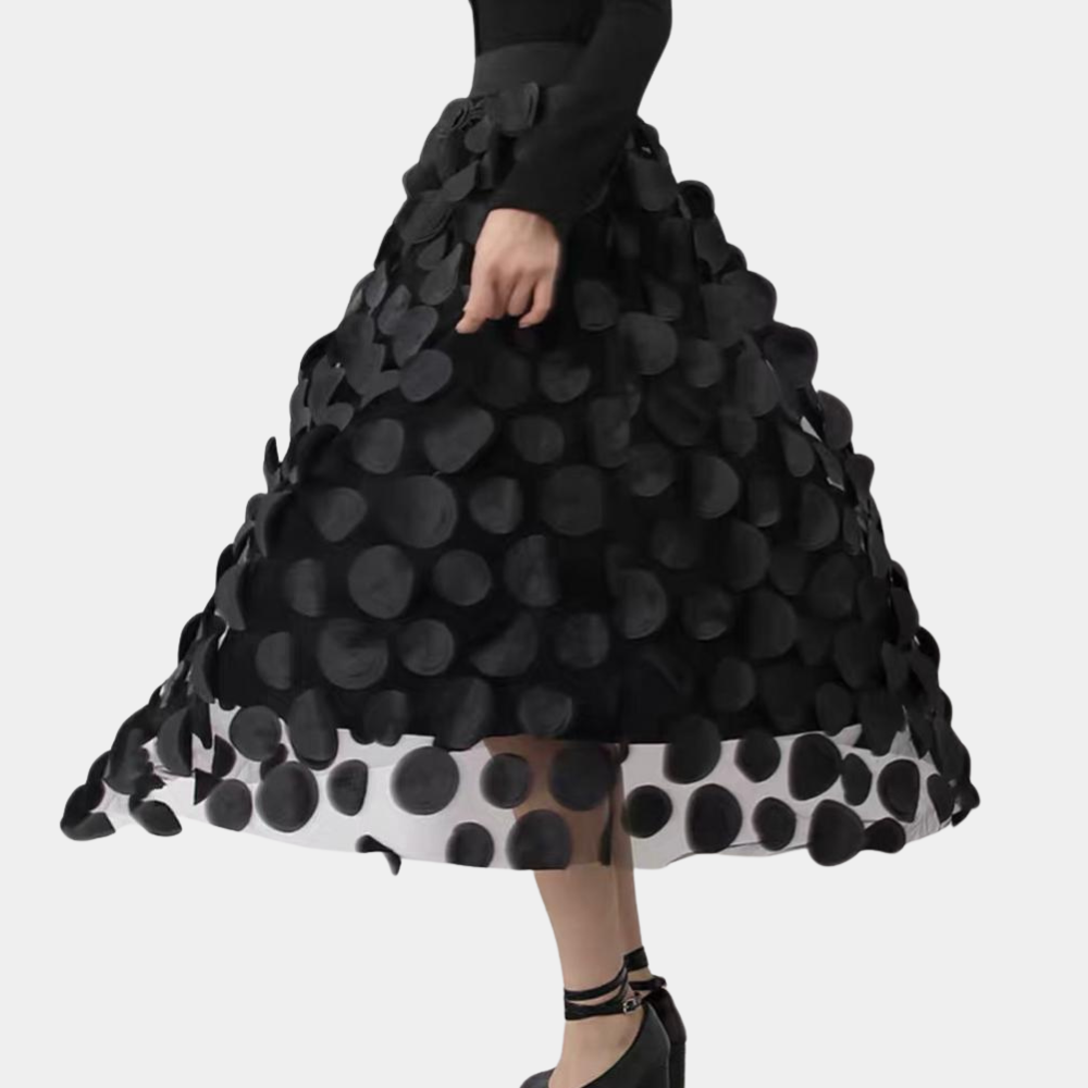 Dames Zwarte A-lijn Rok met Hoge Taille en 3D Polka Dot Patroon - Irmelin-3