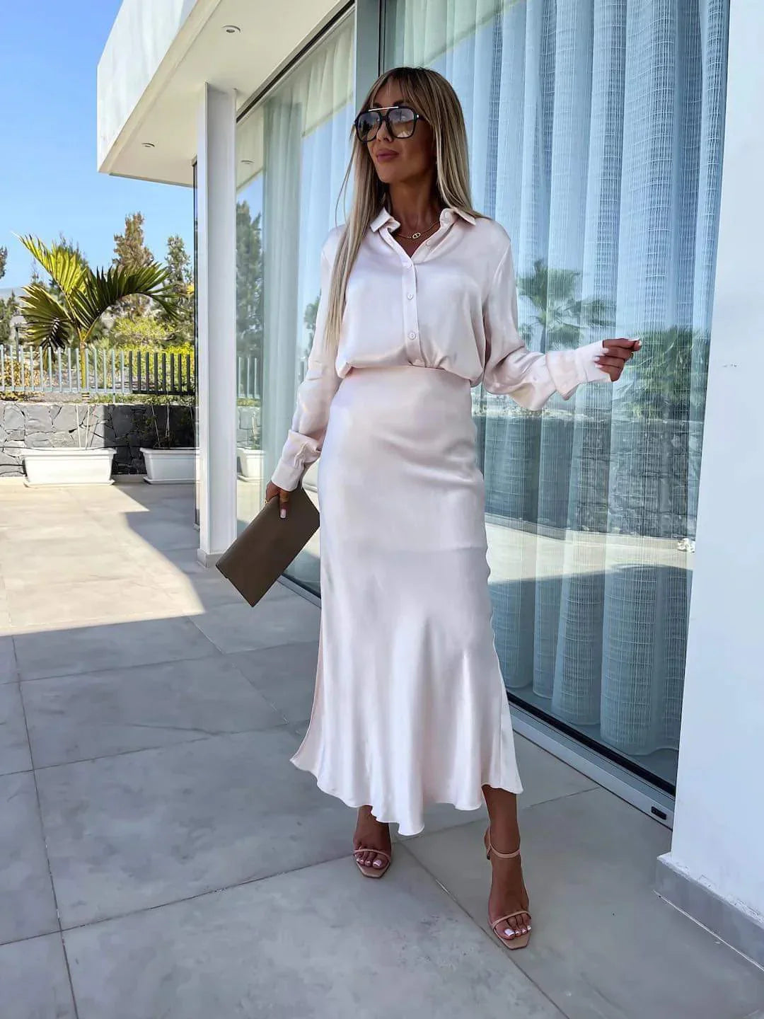 Vrouwen Satijnen Co-ord Set Elegante Stijl - Janice-1