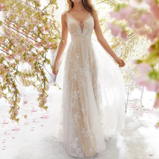 Vrouwen Avondjurk Lange Elegante V-hals met Kantdetails - Lisa-3