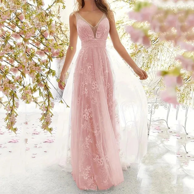 Vrouwen Avondjurk Lange Elegante V-hals met Kantdetails - Lisa-2