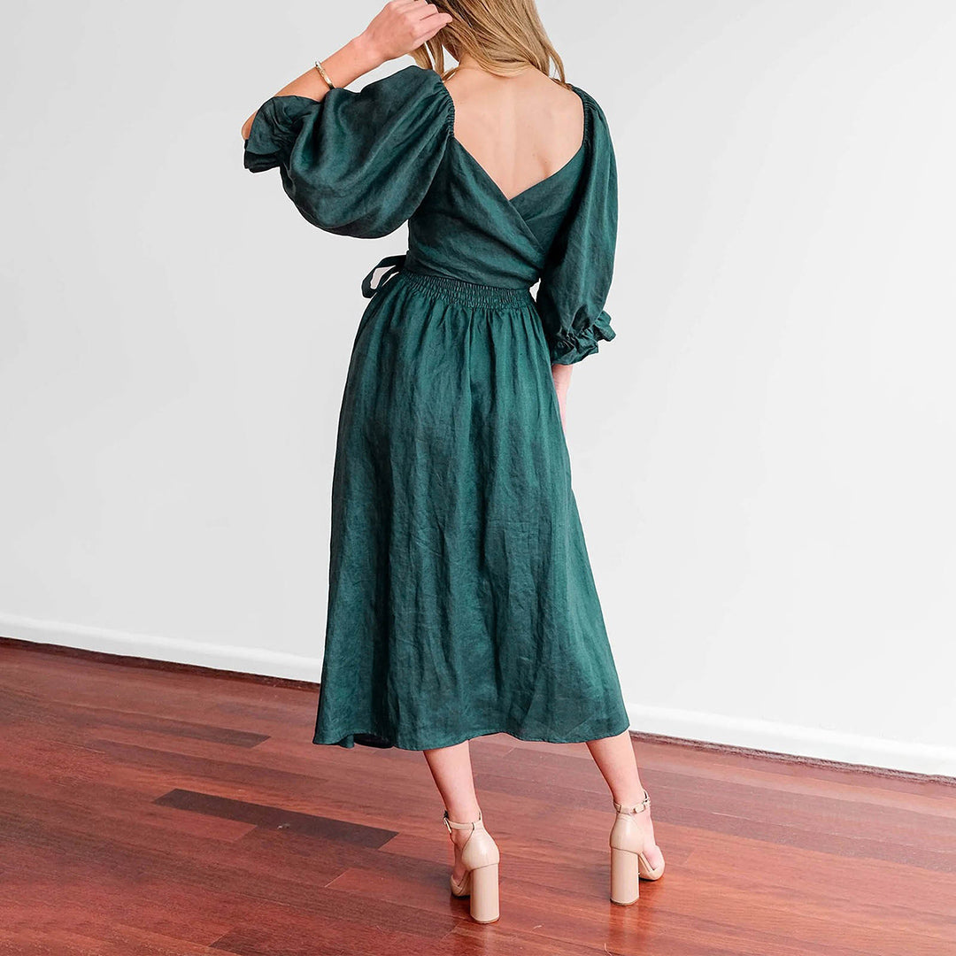 Chique Dames Midi Zomerjurk met driekwart Mouwen en Elastische taille - Veda