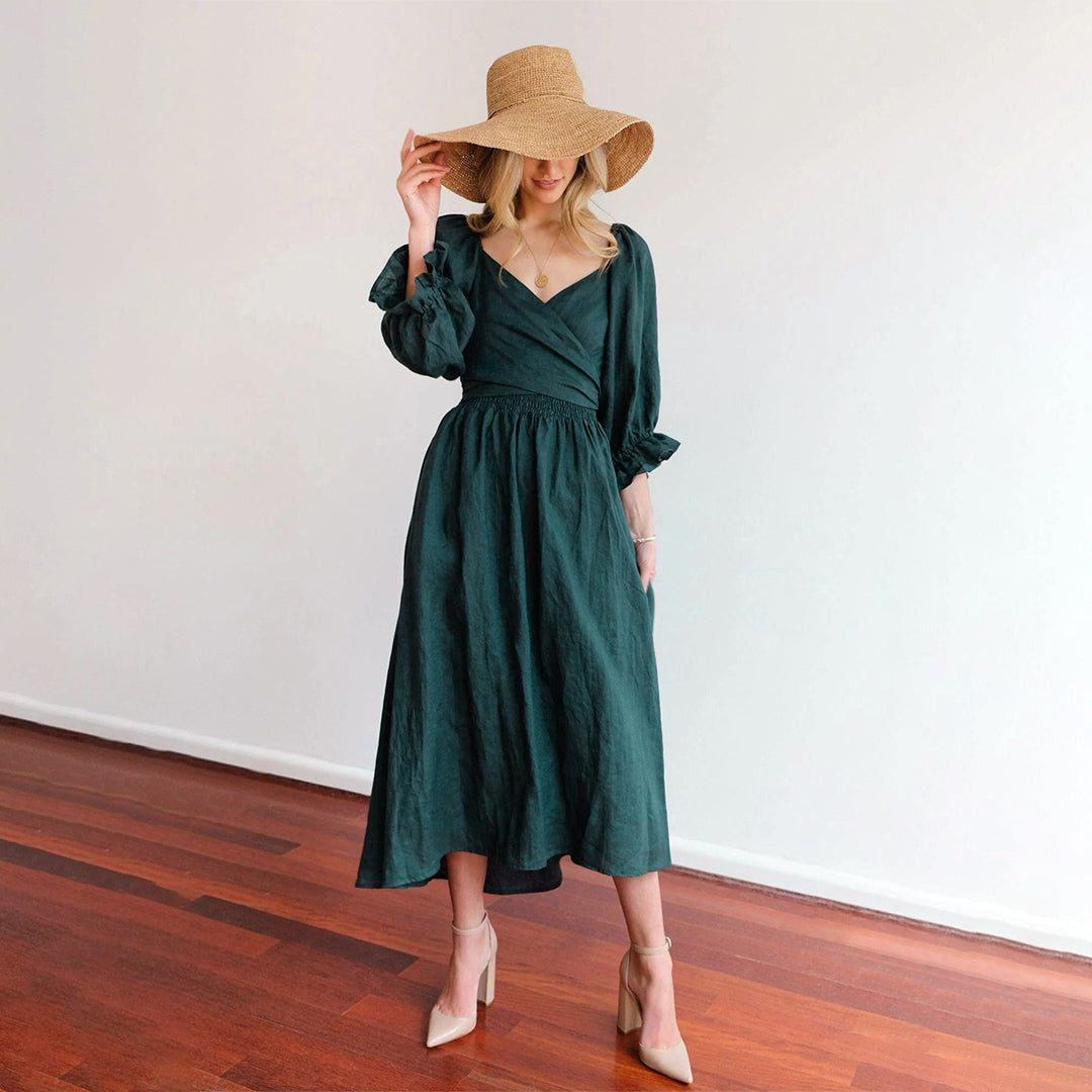 Chique Dames Midi Zomerjurk met driekwart Mouwen en Elastische taille - Veda