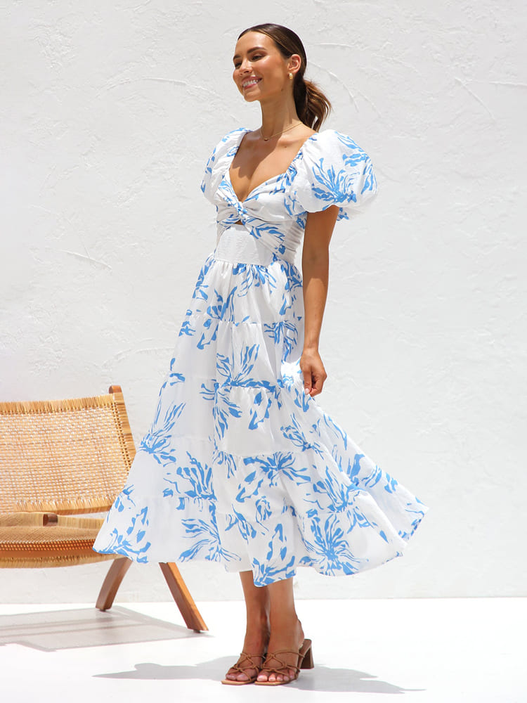 Dames Midi Jurk met Pofmouwen en Blauw-Wit Bladmotief - Zomer Chic - Lisa-1
