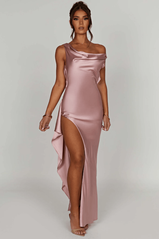 Variant image for Dames Off-Shoulder Satijnen Lange Jurk met Hoge Dijsplit - Marilyn-1