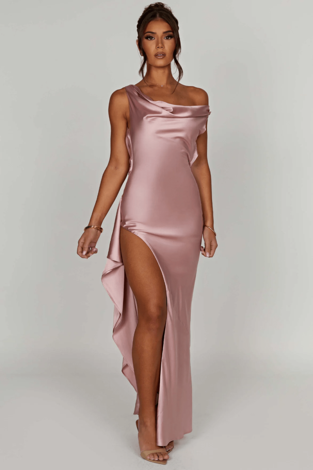 Dames Off-Shoulder Satijnen Lange Jurk met Hoge Dijsplit - Marilyn-1