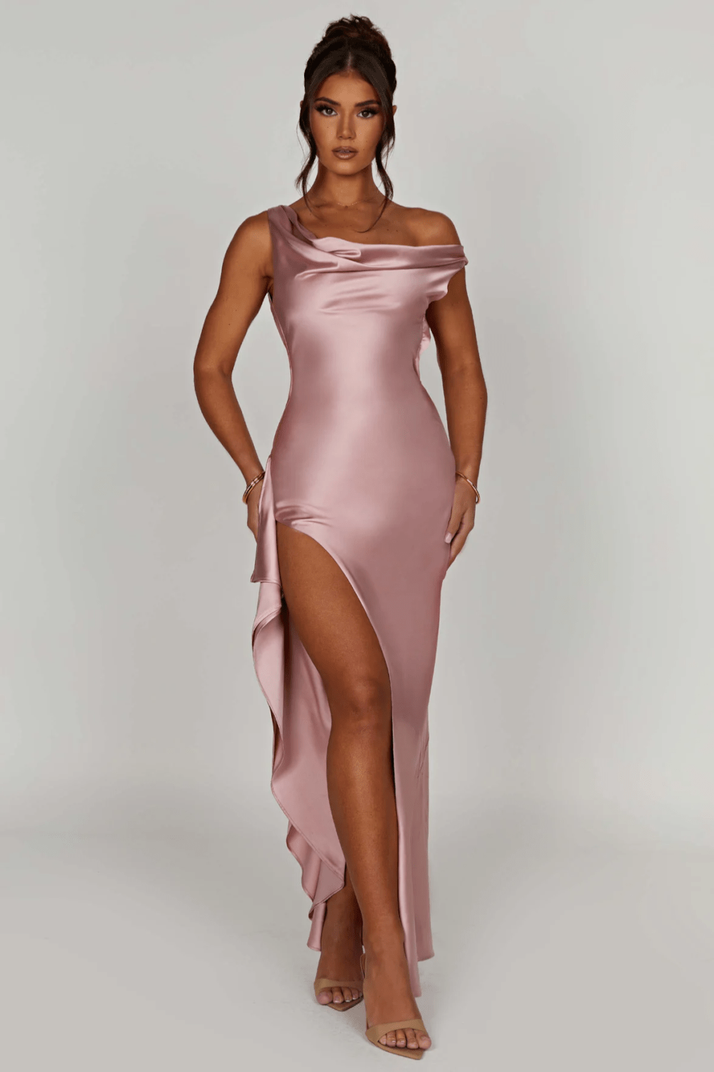 Dames Off-Shoulder Satijnen Lange Jurk met Hoge Dijsplit - Marilyn-4