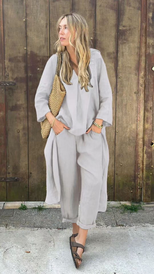 Variant image for Dames Co Ord Set Linnen Elegante Asymmetrische Blouse en Losvallende Broek - Marissa-13