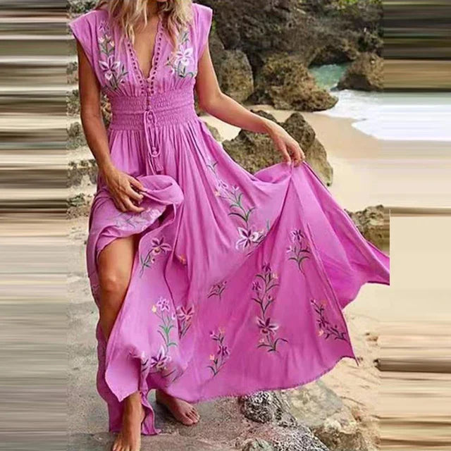 Dames Bohemian Maxi Jurk V-Hals met Borduursels - Odessa-1