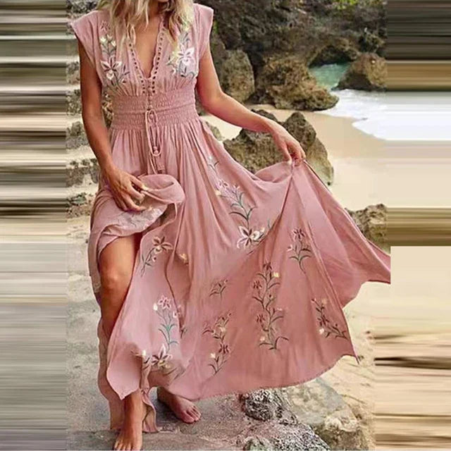 Dames Bohemian Maxi Jurk V-Hals met Borduursels - Odessa-2