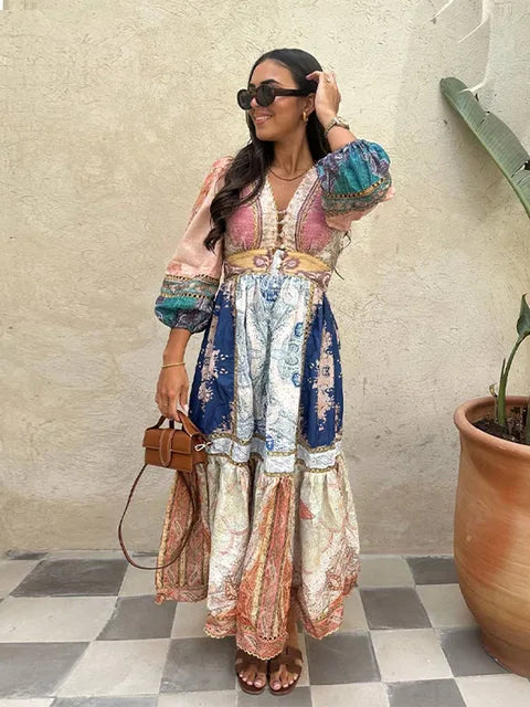 Dames Midi Jurk Met Pofmouwen en Color Block Print - Angela-1