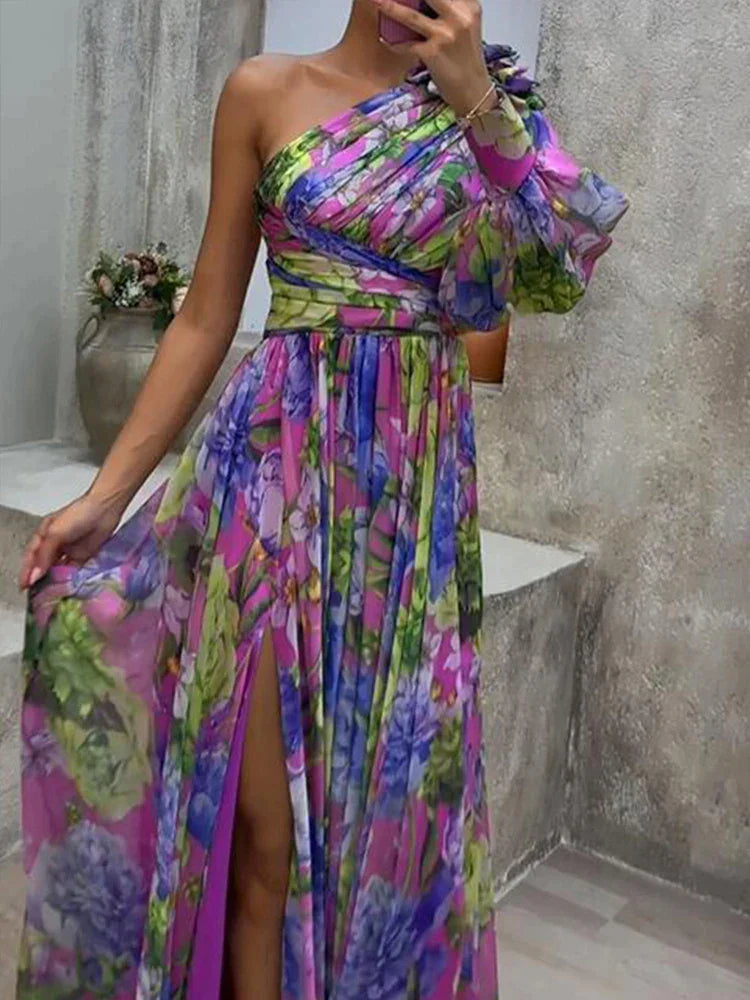 Dames Maxi Jurk Elegant Zijsplit en Eén Mouw - Lilac-1